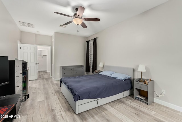 bedroom with visible vents, baseboards, and light wood finished floors