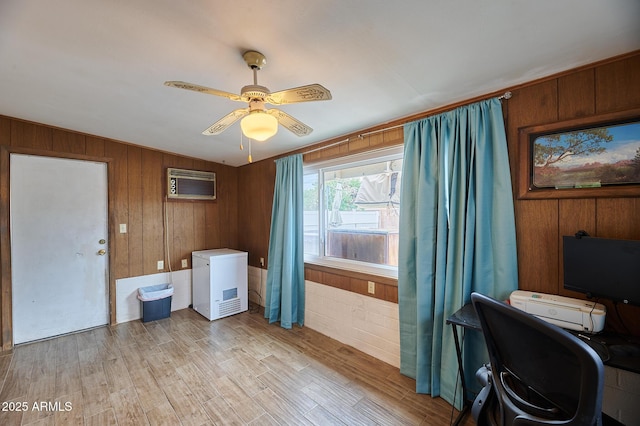 5410 E University Dr, Mesa, AZ 85205 - office area with a wall mounted air conditioner, wood walls, a ceiling fan, and light wood finished floors