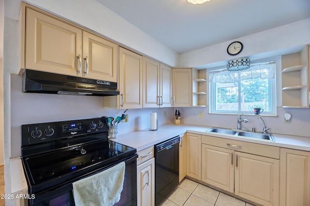 5410 E University Dr, Mesa, AZ 85205 - kitchen with black appliances, under cabinet range hood, a sink, open shelves, and light countertops