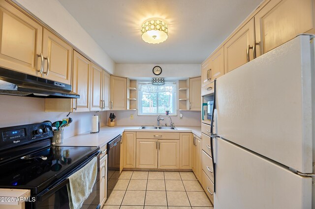 5410 E University Dr, Mesa, AZ 85205 - kitchen featuring black appliances, under cabinet range hood, a sink, open shelves, and light brown cabinets