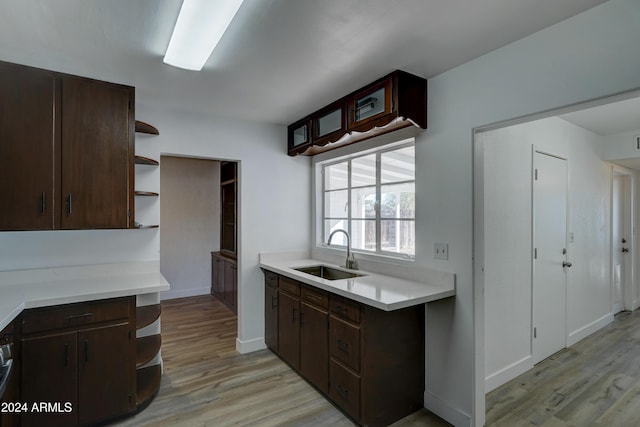 kitchen with dark brown cabinets, light hardwood / wood-style floors, and sink