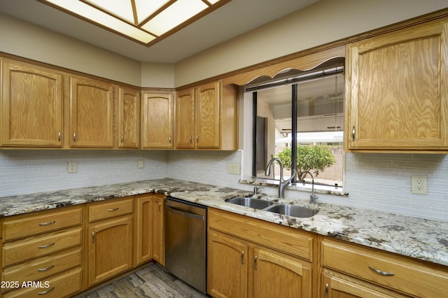 8230 E Navarro Ave, Mesa, AZ 85209 - kitchen featuring stainless steel dishwasher, a sink, light wood-style floors, and tasteful backsplash