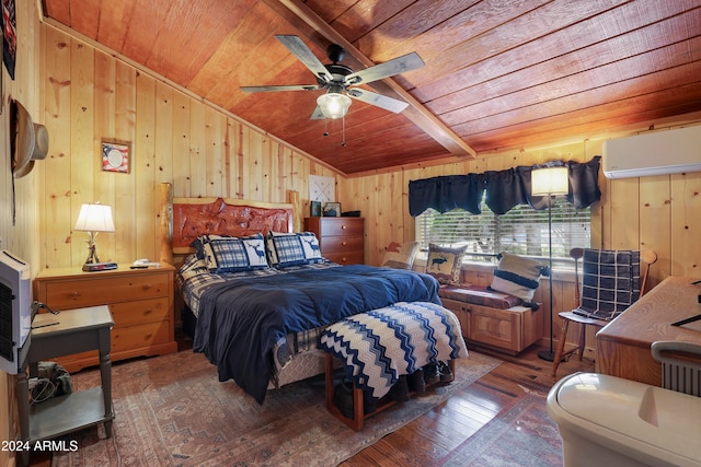 bedroom with a wall mounted air conditioner, wooden ceiling, ceiling fan, dark hardwood / wood-style flooring, and wood walls