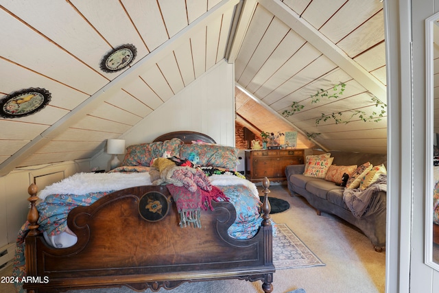 interior space with lofted ceiling, carpet, wood ceiling, and wooden walls