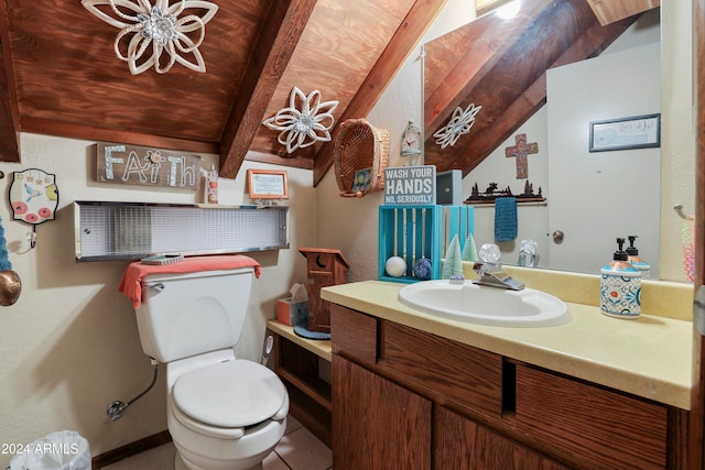 bathroom with wooden ceiling, toilet, vanity, lofted ceiling with beams, and tile patterned flooring