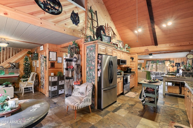 kitchen with light brown cabinets, wood walls, stainless steel appliances, and wooden ceiling