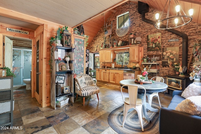 living room with sink, a chandelier, high vaulted ceiling, and wooden ceiling