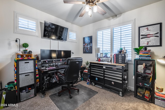 carpeted office space featuring ceiling fan and plenty of natural light