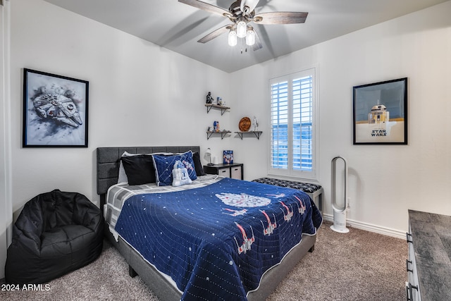 bedroom featuring carpet floors and ceiling fan