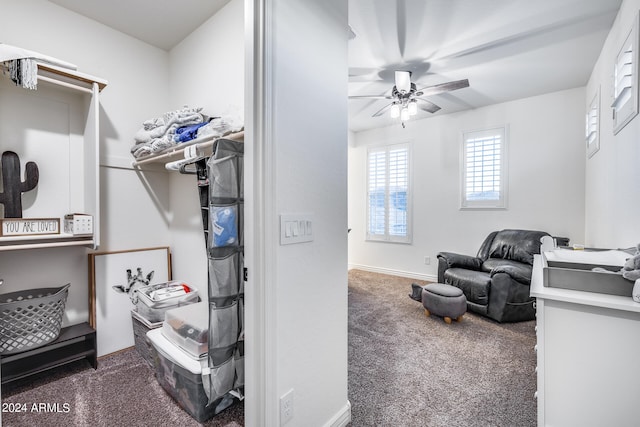 interior space featuring ceiling fan