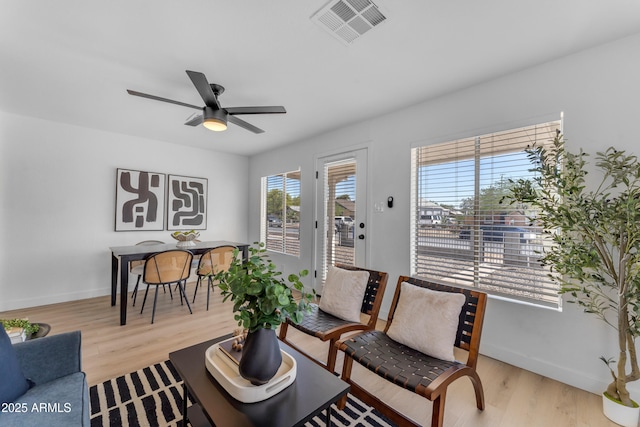 living area featuring visible vents, a ceiling fan, light wood-style flooring, and baseboards