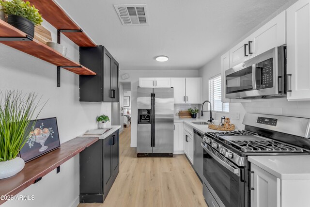 kitchen featuring visible vents, open shelves, light wood-type flooring, a sink, and stainless steel appliances