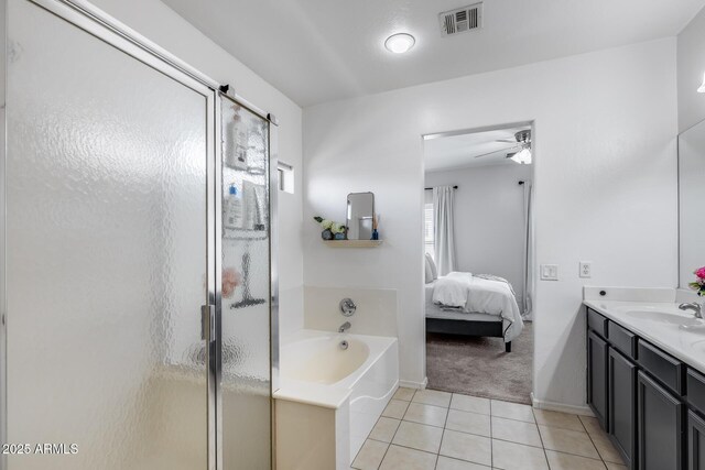 bathroom with visible vents, a garden tub, tile patterned flooring, connected bathroom, and a shower stall