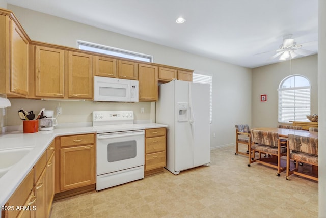 16412 W Peppertree Ct, Surprise, AZ 85387 - kitchen with white appliances, light floors, light countertops, a ceiling fan, and recessed lighting
