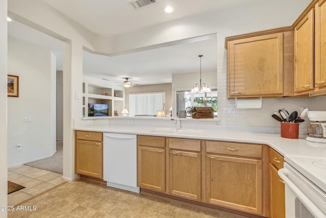 16412 W Peppertree Ct, Surprise, AZ 85387 - kitchen featuring white appliances, light countertops, ceiling fan, and decorative light fixtures