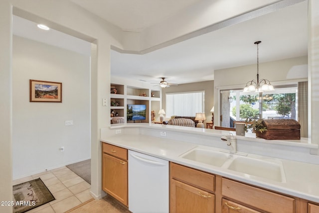 16412 W Peppertree Ct, Surprise, AZ 85387 - kitchen with dishwasher, light countertops, open floor plan, decorative light fixtures, and ceiling fan