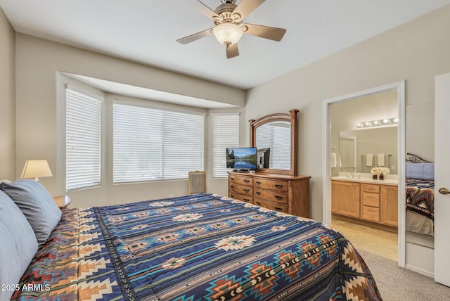 16412 W Peppertree Ct, Surprise, AZ 85387 - bedroom featuring light carpet, ensuite bathroom, and a ceiling fan