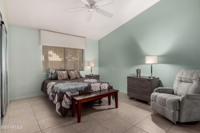 5830 E Mckellips Rd Unit 120, Mesa, AZ 85215 - bedroom with high vaulted ceiling, light tile patterned floors, and ceiling fan