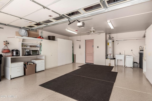 5830 E Mckellips Rd Unit 120, Mesa, AZ 85215 - garage featuring water heater, a garage door opener, and a ceiling fan