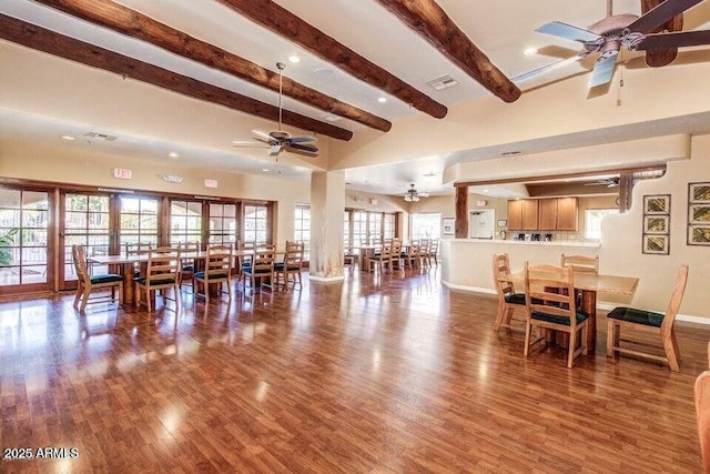 5830 E Mckellips Rd Unit 120, Mesa, AZ 85215 - dining area with a ceiling fan, beamed ceiling, wood finished floors, baseboards, and recessed lighting