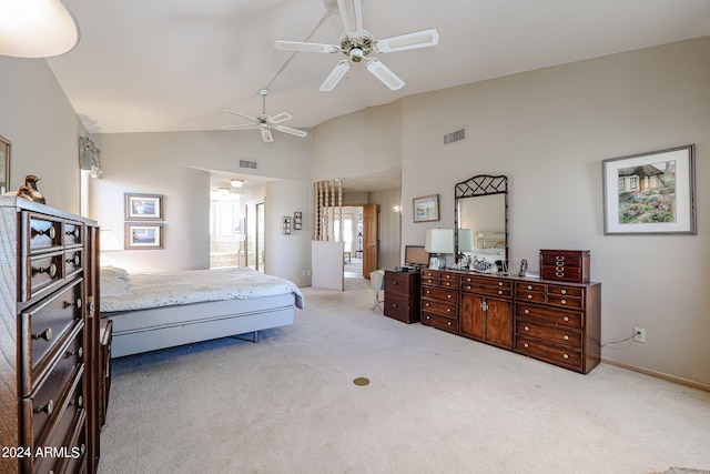 carpeted bedroom featuring high vaulted ceiling and ceiling fan