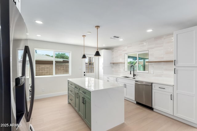 17040 N 39th Ave, Glendale, AZ 85308 - kitchen featuring appliances with stainless steel finishes, a sink, light wood-style flooring, decorative backsplash, and white cabinets
