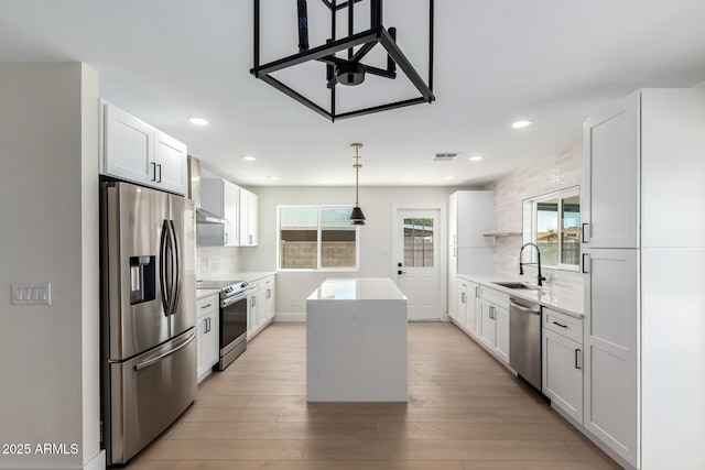 17040 N 39th Ave, Glendale, AZ 85308 - kitchen with stainless steel appliances, a sink, a center island, decorative backsplash, and white cabinetry