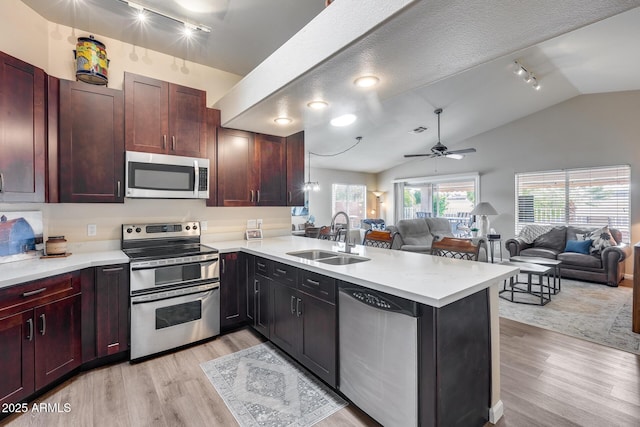 kitchen with a sink, open floor plan, light wood-type flooring, stainless steel appliances, and a peninsula