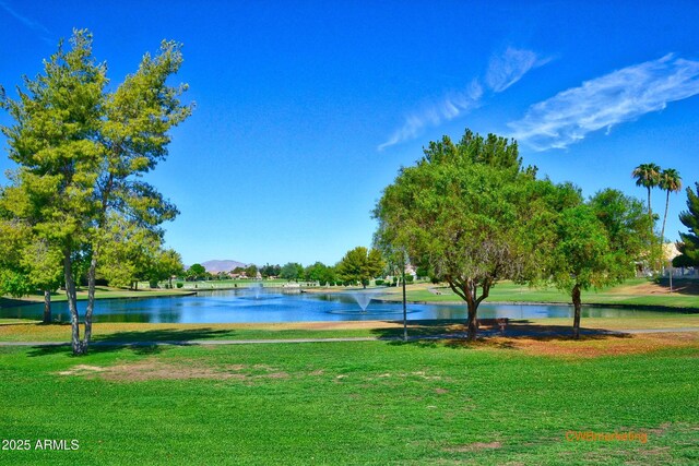 view of community with a lawn and a water and mountain view