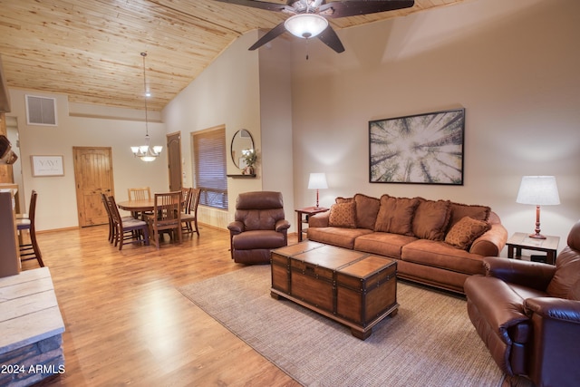 living room with visible vents, wood ceiling, wood finished floors, high vaulted ceiling, and ceiling fan with notable chandelier