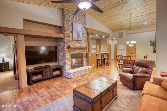 living area featuring wooden ceiling, visible vents, and wood finished floors