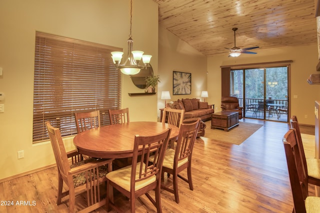 dining space with light wood finished floors, baseboards, wooden ceiling, high vaulted ceiling, and ceiling fan with notable chandelier