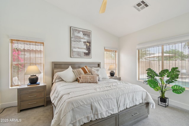 1070 S Amber St, Chandler, AZ 85286 - bedroom with light colored carpet, lofted ceiling, baseboards, and ceiling fan