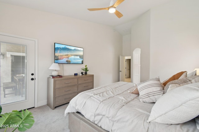 1070 S Amber St, Chandler, AZ 85286 - bedroom with light carpet, lofted ceiling, and a ceiling fan