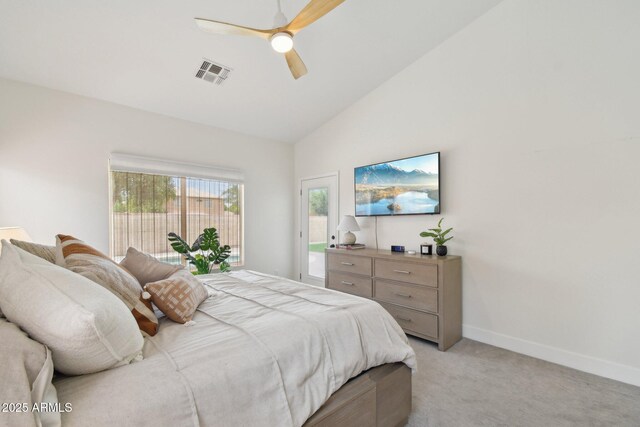 1070 S Amber St, Chandler, AZ 85286 - bedroom featuring light colored carpet, lofted ceiling, access to exterior, baseboards, and a ceiling fan