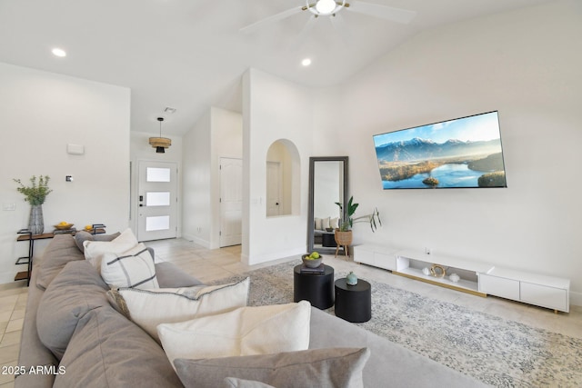 1070 S Amber St, Chandler, AZ 85286 - living room with a ceiling fan, baseboards, recessed lighting, light tile patterned floors, and high vaulted ceiling