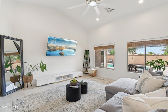 1070 S Amber St, Chandler, AZ 85286 - living area featuring ceiling fan, plenty of natural light, high vaulted ceiling, and recessed lighting