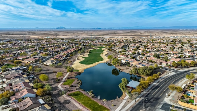 bird's eye view featuring a water and mountain view