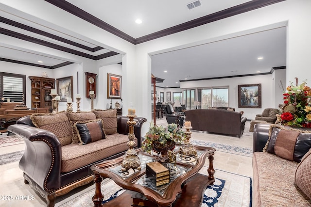 living room featuring crown molding