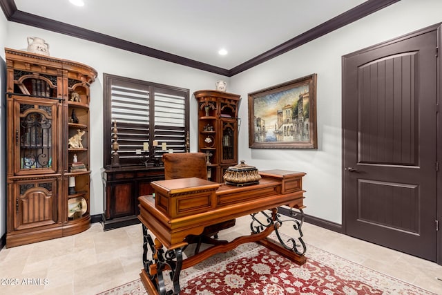 tiled home office featuring crown molding