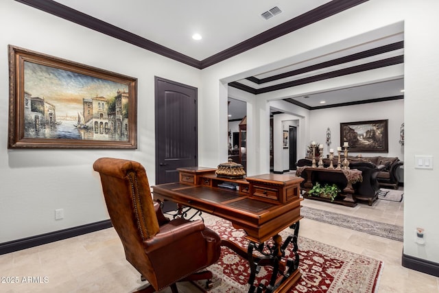 home office with crown molding