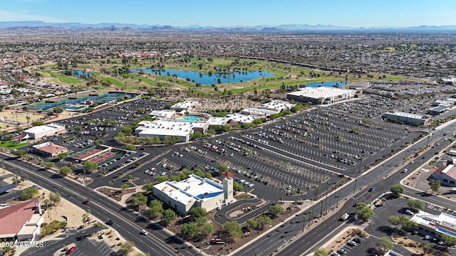 bird's eye view with a water and mountain view