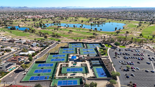 bird's eye view featuring a water and mountain view