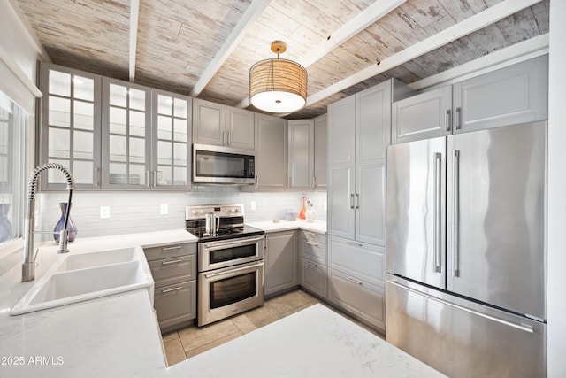 kitchen with wooden ceiling, stainless steel appliances, a sink, gray cabinets, and tasteful backsplash