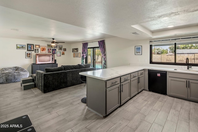 1540 E Glencove St, Mesa, AZ 85203 - kitchen with black dishwasher, a sink, gray cabinetry, a peninsula, and open floor plan