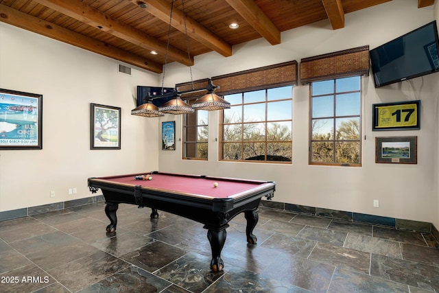 playroom with beam ceiling, pool table, and wood ceiling