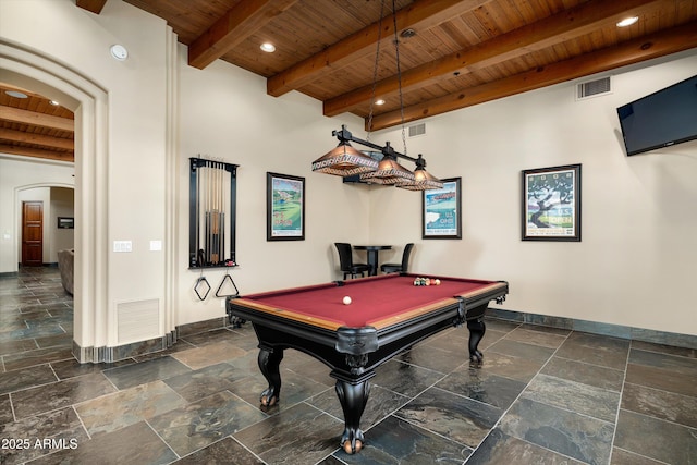 recreation room featuring wood ceiling, pool table, and beamed ceiling