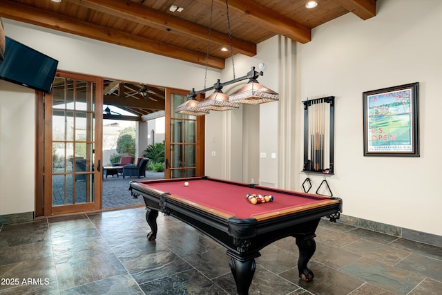 recreation room featuring beamed ceiling, billiards, and wooden ceiling