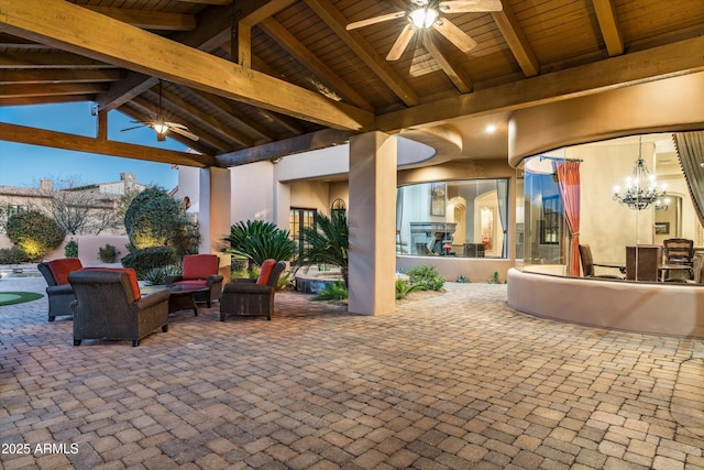 view of patio / terrace featuring an outdoor living space, a gazebo, and ceiling fan