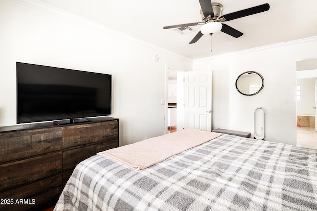 bedroom with crown molding, visible vents, and ceiling fan